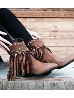 Women’s Brown Boots Rhinestone Studded Western Fringe Ankle Boot Block Heel